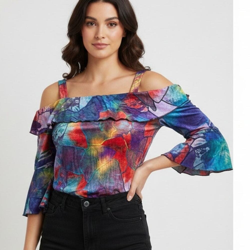 Adore Stained Glass Off Shoulder Top Womens Medium Colorful Flounce Bell Sleeve